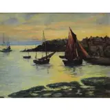 Nell Warner, Boats Near the Shore at Dusk, Oil on Masonite