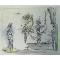 Walter Quirt, Surrealist Figures in Landscape, Ink and Colored Pencil on Paper