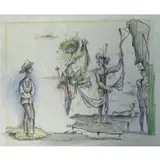 Walter Quirt, Surrealist Figures in Landscape, Ink and Colored Pencil on Paper