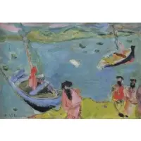 Luigi Settanni, Figures and Boats at the Shore, Oil on Canvas