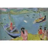 Luigi Settanni, Figures and Boats at the Shore, Oil on Canvas