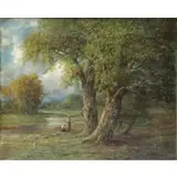 Henry A Duessel, Wood Gatherers in Landscape, Oil on Canvas