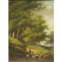 Jan Evert Morel, Inscription by Morel on paper label verso, & VAN SEVERDONCK, F. Oil on Panel of Shepherd with Flock in Landscape