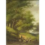 Jan Evert Morel, Inscription by Morel on paper label verso, & VAN SEVERDONCK, F. Oil on Panel of Shepherd with Flock in Landscape
