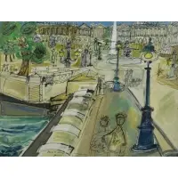 Jean Jansem, Place de la Concorde, Ink and Watercolor on Paper