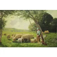 M.E King, Shepherdess with Dog and Flock in Pasture, Oil on Canvas