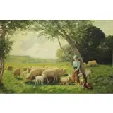 M.E King, Shepherdess with Dog and Flock in Pasture, Oil on Canvas