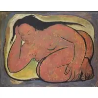 Ángel Botello, Crouching Figure, Oil on Masonite