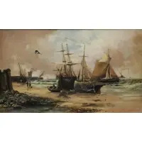 George Perrin, Ships at Shore, Oil on Canvas