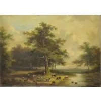 Francois Vandeverdonck, Shepherd at Rest with Grazing Flock, Oil on Canvas