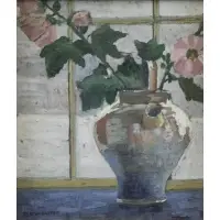 Bertha Baxter, Flowers Before a Window, Oil on Canvas