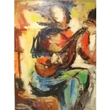Leon Saulter, Figure with Guitar, Oil on Masonite