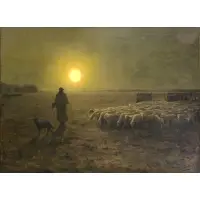 Georges Diéterle, Shepherd with Flock at Dawn, Large Oil on Canvas