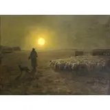 Georges Diéterle, Shepherd with Flock at Dawn, Large Oil on Canvas