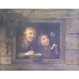 Johannes Helder, Johannes Helder (Dutch,1842-1913), Trompe L'Oeil Oil on Canvas, Woman and Child in Window Blowing Bubbles