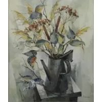 John Hare, Pitcher with Bouquet Still Life, Modernist Oil on Canvas