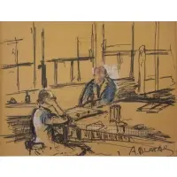 Arbit Blatas, Chess Game at Lowy's, Ink and Pastel on Cardboard