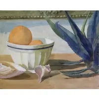 David Rohn, On two sheets of paper, Large Watercolor Still Life with Shells, Oranges, and a Cactus