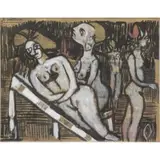 Robert Broderson, Partial Catherine Viviano Gallery, New York label verso, Gouache on Newsprint of Figures Signed upper left