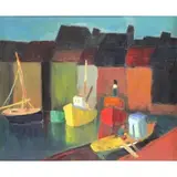 Arturo Pacheco Altamirano, Pacheco Altamirano, Oil on Canvas of a Harbor with Boats and Figure