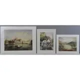 Randy Burke, A venetian scene, two young girls picking flowers, and a landscape, 3 Watercolors on Paper