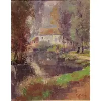 Gustave Colin, Gustave Colin, French, 1828 - 1910, Oil on Canvas of House by a River
