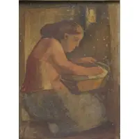 Stefan Hirsch, Woman with Tub, 1937 Oil on Masonite "Woman with Tub" Signed and dated lower right