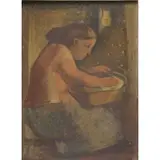 Stefan Hirsch, Woman with Tub, 1937 Oil on Masonite "Woman with Tub" Signed and dated lower right