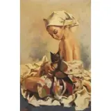 Phillipe Alfieri, Philippe Alfieri, Italian/American, 1921-2009, Oil on Canvas of a Woman with a Cat
