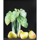 Alain Geneau, Wally Findlay label verso, Oil on Canvas Still Life with Pears and Vase of Arrowhead Leaves