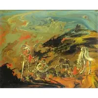 Arrigo Ghedini, Don Quixote., Surrealist Oil on Masonite "Don Quixote." Signed upper left