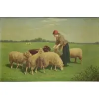 Samuel S. Carr, Woman Feeding Flock of Sheep, Oil on Canvas