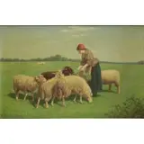 Samuel S. Carr, Woman Feeding Flock of Sheep, Oil on Canvas