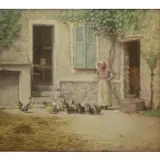 François Millet, Millet fils, Pastel of Woman Feeding Chickens Signed 'Millet fils' lower right