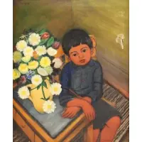 Juan Deprey, Juan DePrey, Haitian/Puerto Rican, 1904 - 1962, Oil on Canvas of a Seated Boy with Bouquet of Flowers