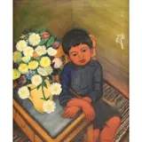 Juan Deprey, Juan DePrey, Haitian/Puerto Rican, 1904 - 1962, Oil on Canvas of a Seated Boy with Bouquet of Flowers