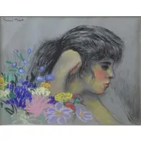 Ramon Pichot Soler, Ramon Pichot, Pastel of a Girl with Flowers Signed 'Ramon Pichot' upper left