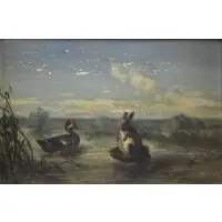 Phillip Rousseau, Philippe Rousseau, French, 1816 - 1887, Oil on Panel of a Rabbit and a Duck