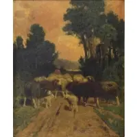Charles Phelan, Charles T. Phelan, American, b, Oil on Canvas of Shepherd with Flock of Sheep