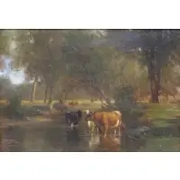 Samuel Lancaster Gerry, Cows by a Stream., Oil on Canvas "Cows by a Stream." Signed lower left