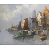 F. Oil on Canvas Wagner, Dutch Harbor Scene