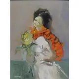 Jordi Bonàs, Woman with Flowers, Oil on Masonite