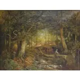 J. Oil on Canvas Alexander, Man with Horses in Forest Landscape