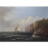 Wesley Webber, Wesley Elbridge Webber, American - 1841 - 1914, Oil on Canvas of Ships at Sea Near Cliffs
