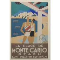 Michel Bouchaud, La Plage de Monte Carlo., French Lithograph Poster "La Plage de Monte Carlo." Signed in the stone lower left