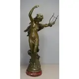 Mathurin Moreau, Danseuse a la Lyre., Bronze "Danseuse a la Lyre." Raised on red marble revolving base