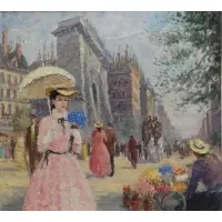 Charles Vignon, Woman with Parasol on Parisian Boulevard, Oil on Canvas