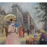 Charles Vignon, Woman with Parasol on Parisian Boulevard, Oil on Canvas