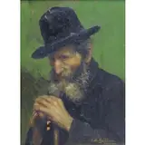 Reinhard Amtsbühler, Der Alte., Oil on Panel of Bearded Man with Cane, "Der Alte." Signed and dated 1920 lower right