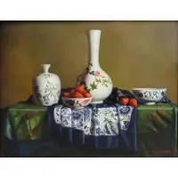 K. K Wong, Untitled, Oil on Board Still Life with Vases and Strawberries